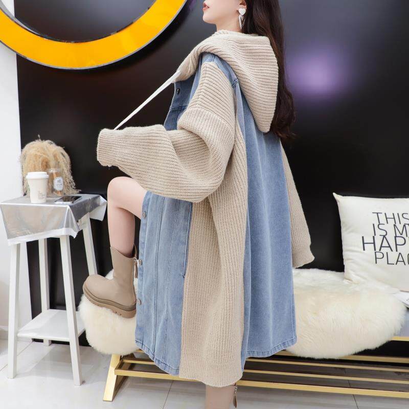 JOYIASS连帽拼接牛仔外套女秋冬韩版中长款过膝复古BF港味宽松工