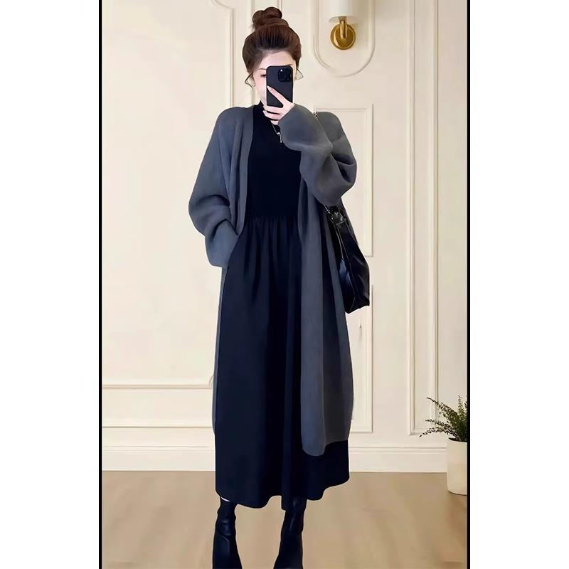 JOYIASS秋冬慵懒风软糯长款开衫套装女设计感显瘦连衣裙+针织开衫