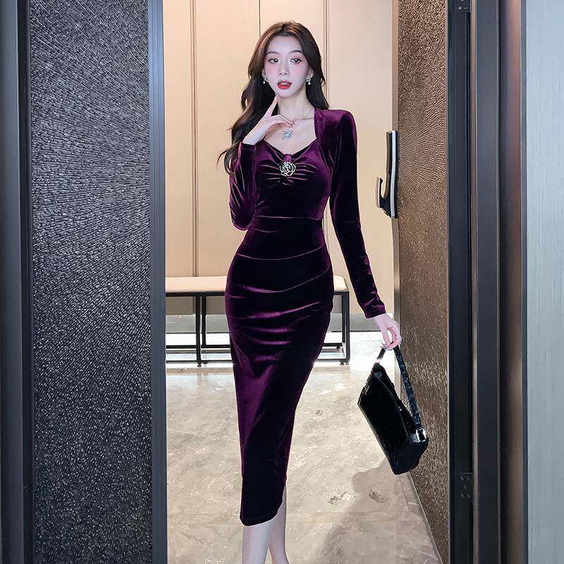 RIERA复古气质名媛丝绒连衣裙女秋冬高端轻奢时尚修身高级感优雅