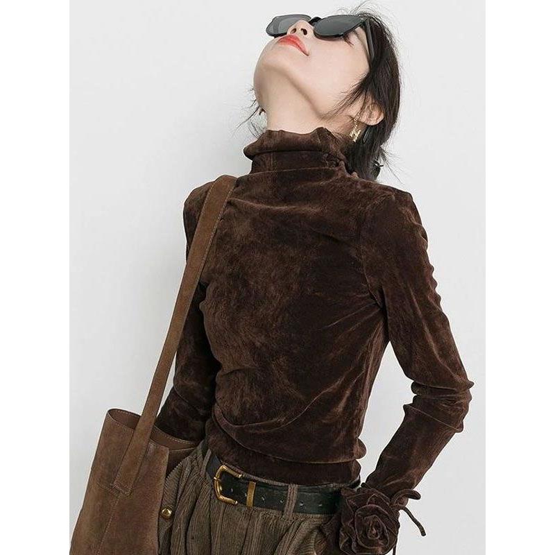 JOYIASS2025秋冬新款法式小香风咖色打底衫女设计感小众纯欲慵懒