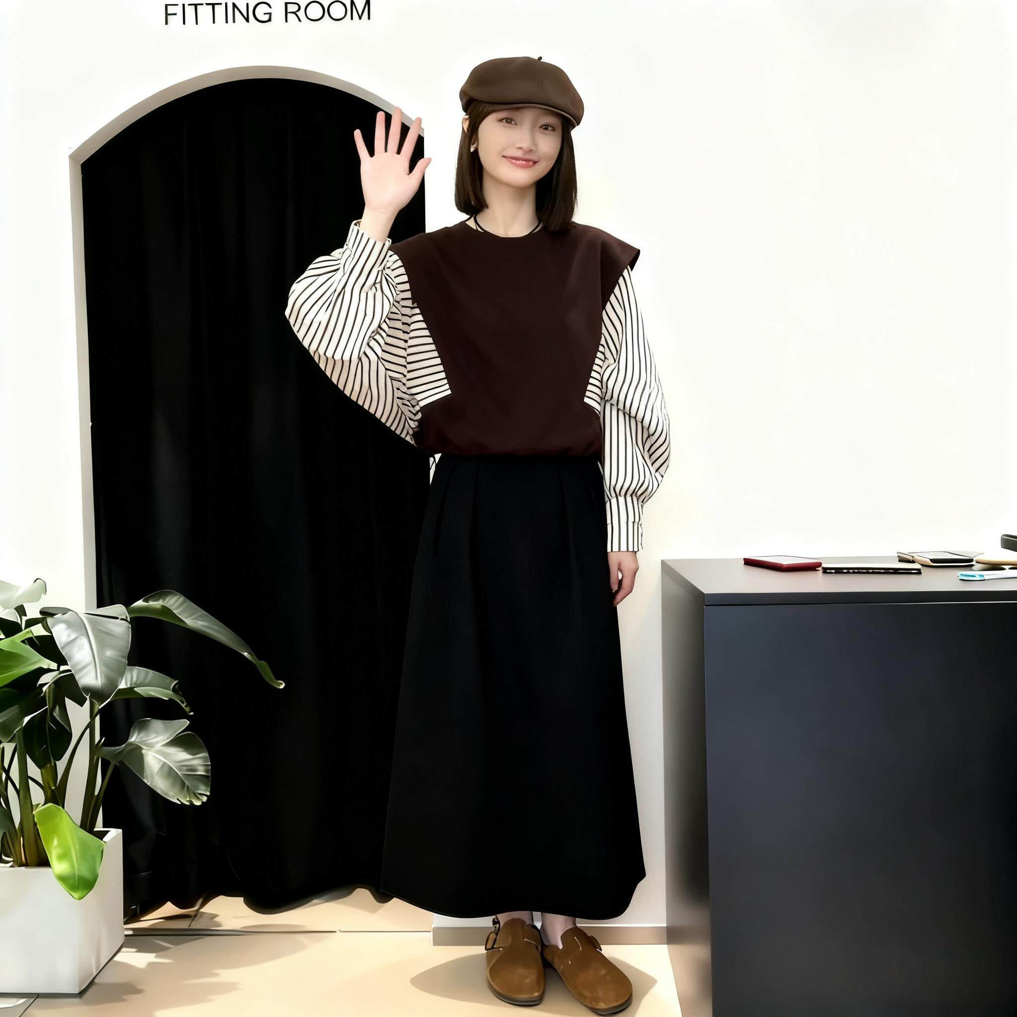 JOYIASS秋冬新款设计感条纹拼接圆领上衣黑色半身裙盐系简约百搭