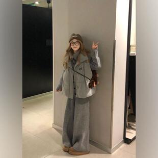 JOYIASS冬装搭配一整套韩系穿搭松弛感灰色针织毛衣服马甲阔腿裤