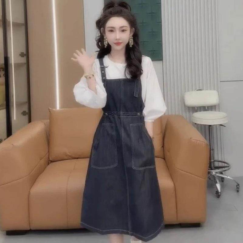 JOYIASS韩系秋季流行胖mm灯笼袖白色上衣牛仔背带连衣裙气质减龄