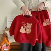 秋冬拜年服款 儿童套装 红色喜庆男女童中国风加绒宝宝加厚亲肤卫衣