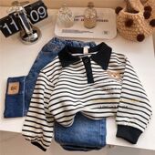 洋气可爱宽松韩版 刺绣小熊翻领条纹套头卫衣2025秋装 短款 休闲上衣