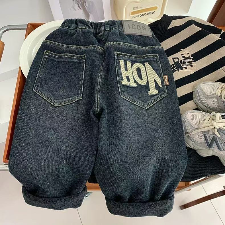 男童冬季一体绒牛仔裤2025新款儿童柔软弹力裤子中小童加绒长裤潮