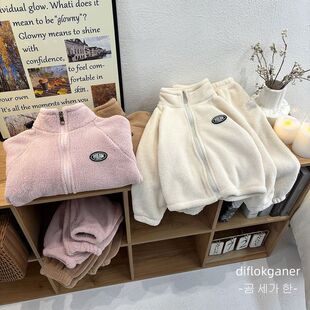 新款儿童秋冬立领双面绒套装男女软糯柔软毛毛衣外套裤子两件套潮