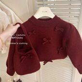 国风女童红色蝴蝶结毛衣开衫 2025新款 宝宝甜美针织儿童外套上衣潮