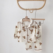 儿童睡衣春秋长袖 外穿套装 双层棉纱宝宝小熊分体开衫 秋衣婴儿薄款