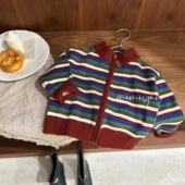 2025新款 潮 毛衣儿童宽松撞色彩色条纹秋冬针织开衫 男女童韩版 秋季