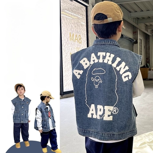日本潮牌bape童装2025春季新款猿人背心牛仔外套男女童牛仔马甲