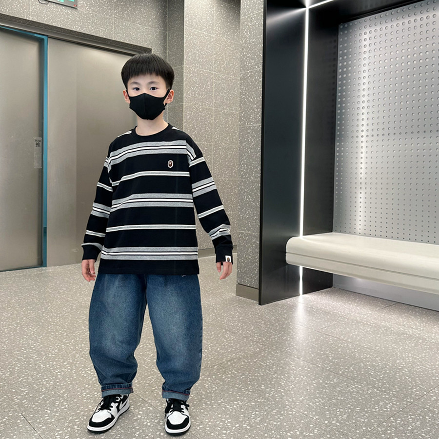 日本潮牌bape2025春秋童装新款猿人条纹男女童纯棉条纹长袖T恤,童装/婴儿装/亲子装,T恤,淘宝优惠券,粉丝福利购,淘宝优惠卷