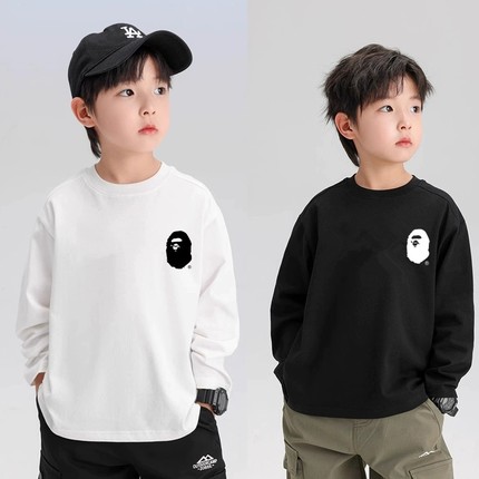 日本潮牌bape春秋款儿童白色打底上衣猿人印花男女童圆领长袖T恤