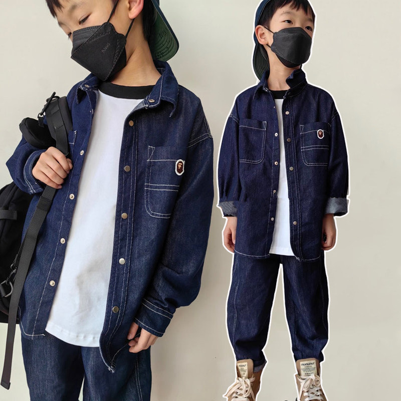 潮牌BAPE春秋季男女中大儿童装纯棉衬衫刺绣长袖牛仔开衫休闲外套