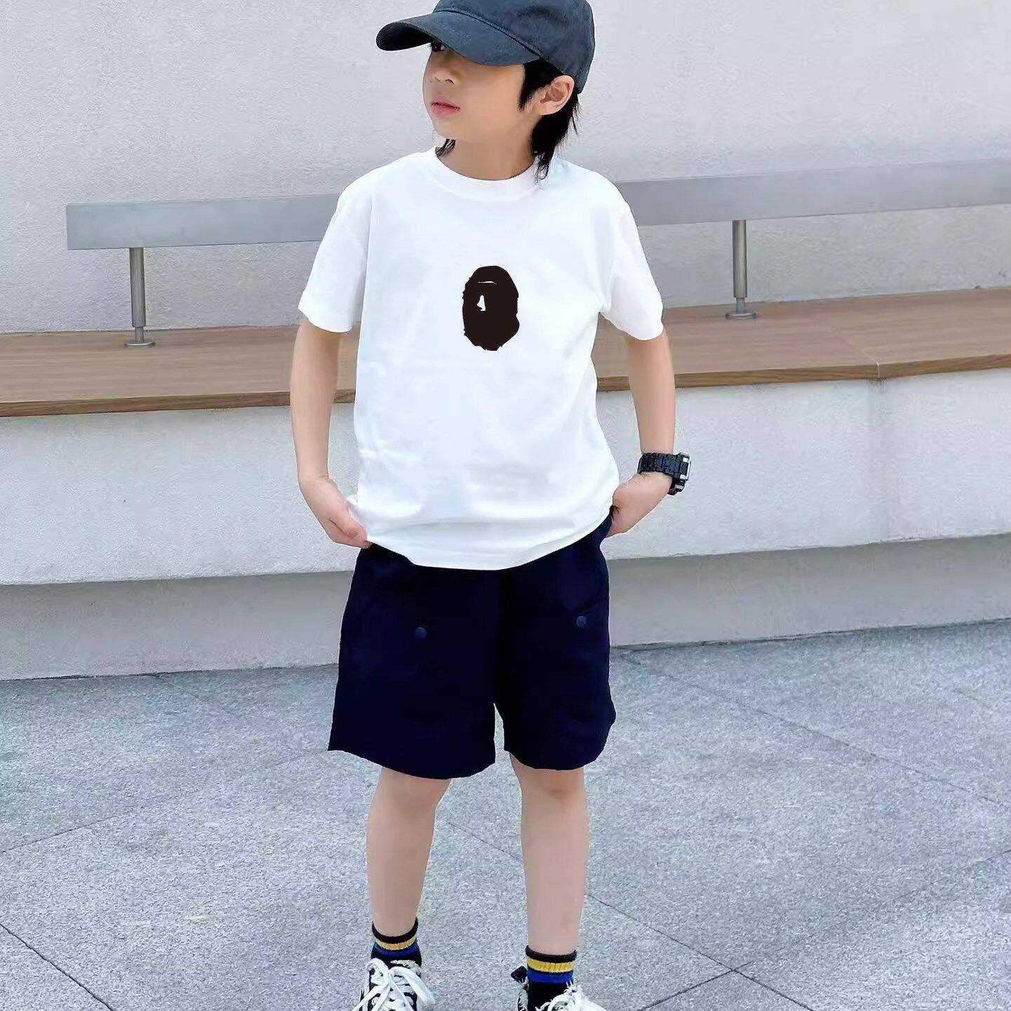 日本潮牌bapekids夏季男女中大儿童装纯色休闲百搭上衣短袖T恤
