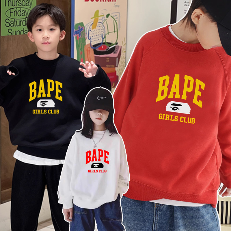 日本潮牌BAPE春秋季新男女儿童装红色过年上衣圆领卫衣休闲套头衫