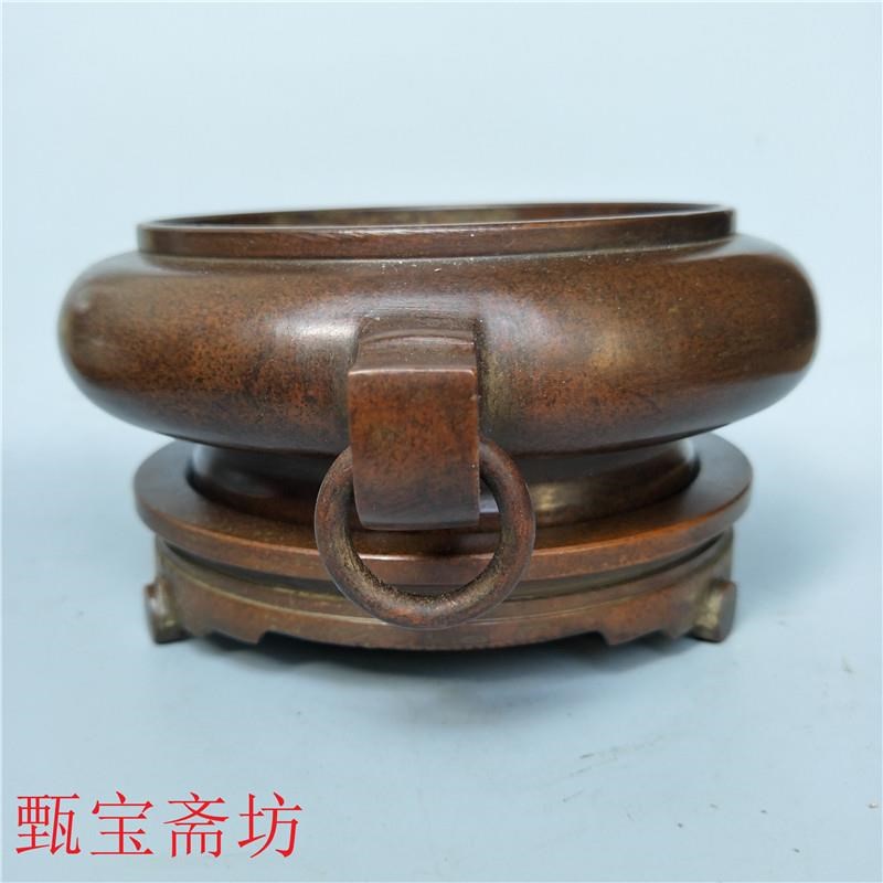 保真仿古铜器香炉熏香炉 纯铜做旧厂家直销摆件压经炉 鋬耳扁圈足
