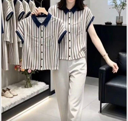 2026新款夏季韩版时尚翻领条纹短袖衬衫女宽松显瘦百搭无袖上衣潮