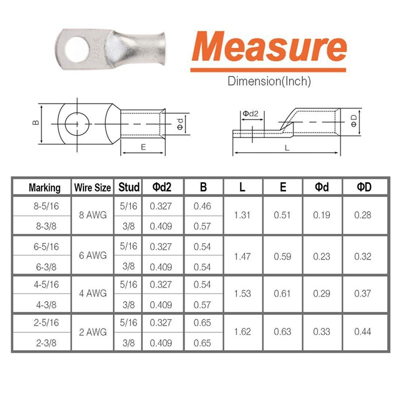 美规AWG80pcs镀锡热缩管铜线y接线片AWG 8 6 4 2电池端子连接器