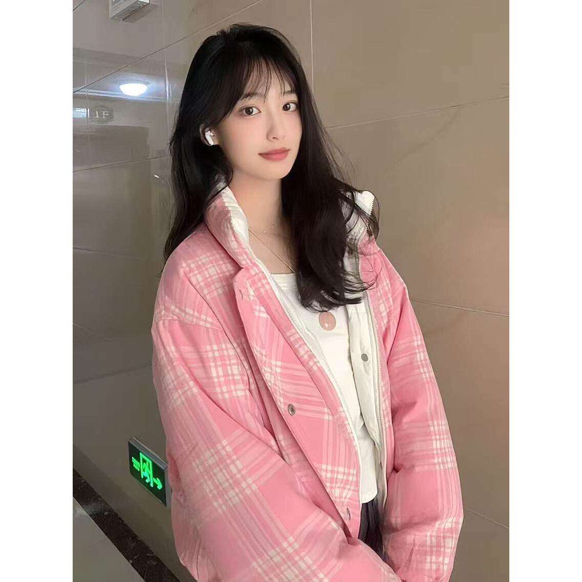 韩版辣妹粉白色双面穿立领棉服女外套冬季新款复古百搭保暖面包服