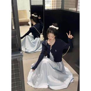 套装/单件春季韩版学院风慵懒藏青色麻花针织开衫浅蓝色连衣裙女