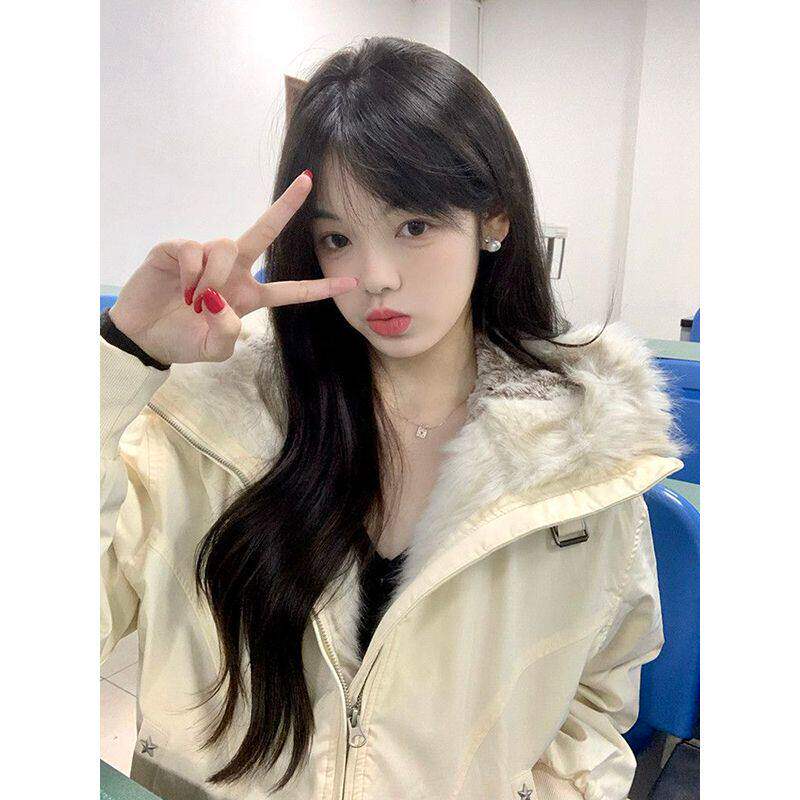 韩版学院初恋风杏色毛毛棉服外套保暖百搭夹棉宽松设计感棉衣