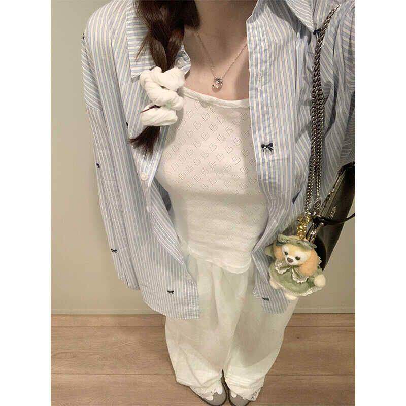 蓝白条纹蝴蝶结印花防晒衬衫女春夏薄款宽松长袖衬衣外套