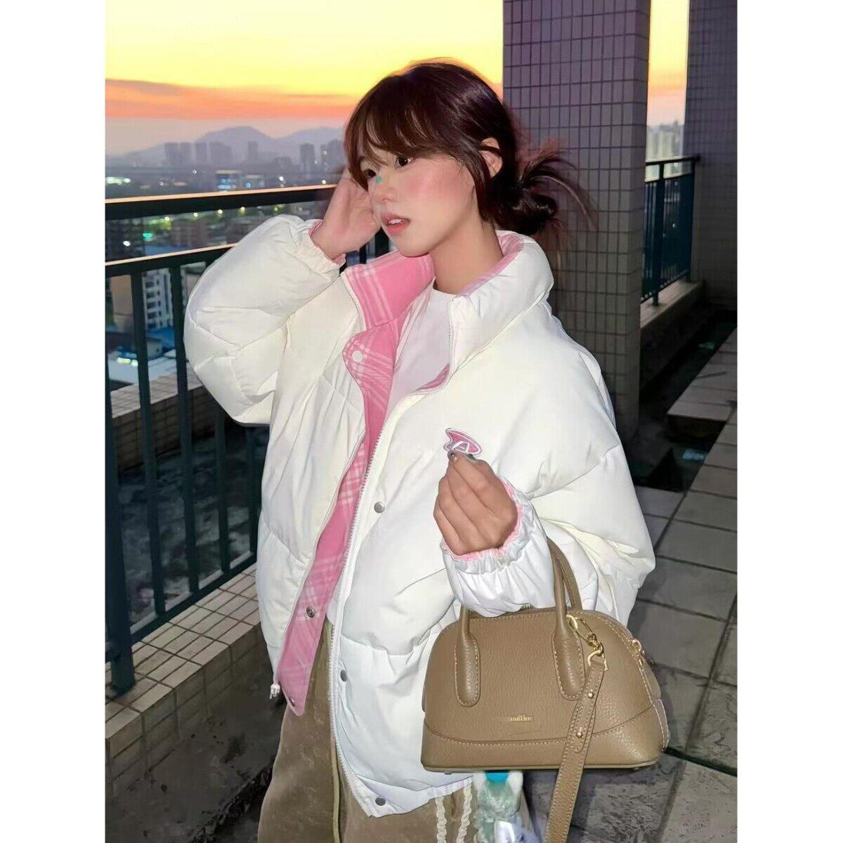 美式复古粉色格纹撞色字母刺绣双面穿棉服女冬季新款加厚棉衣外套