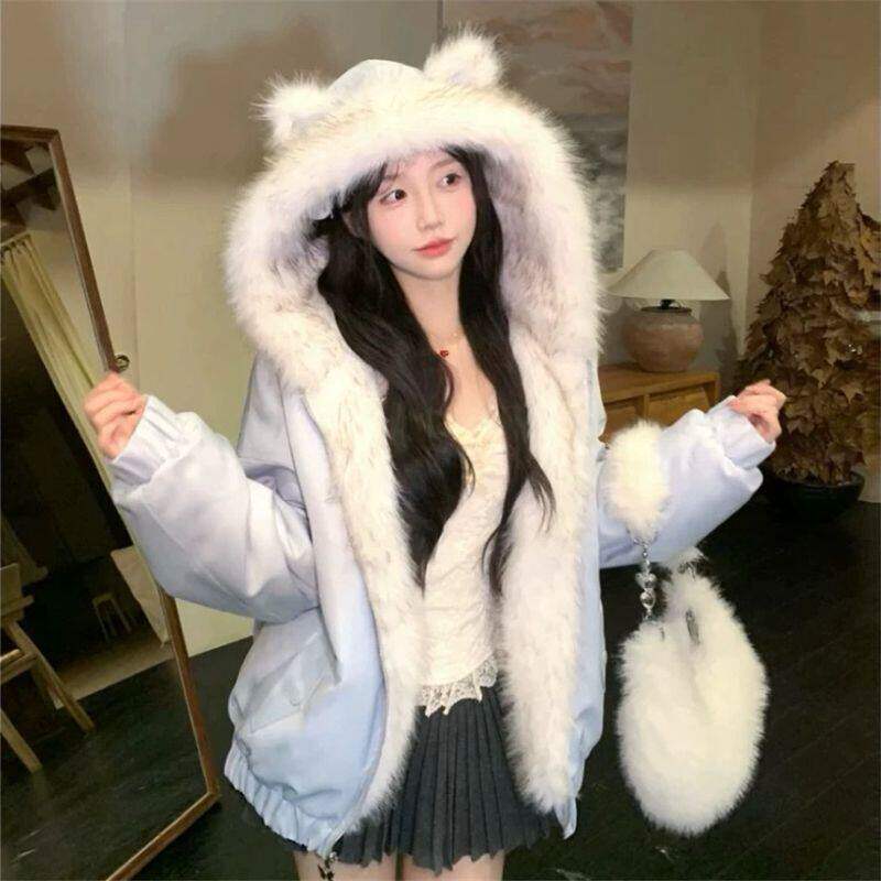 猫耳朵座山雕毛毛连帽工装外套女冬季韩系甜美两面穿环保皮草卫衣