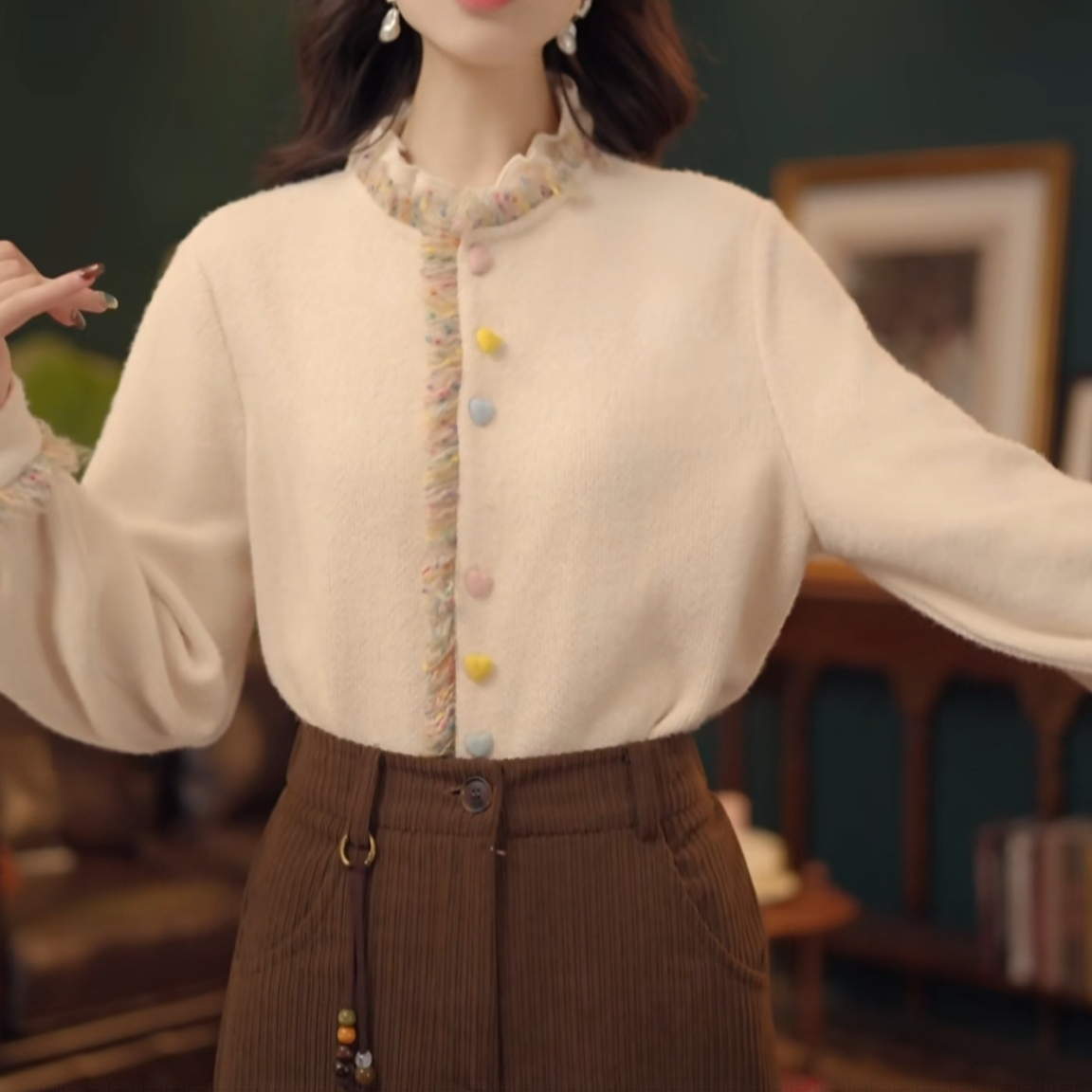 复古港风秋冬厚款休闲百搭衬衫上衣女长袖荷叶边纽扣女装百搭