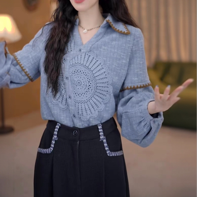 复古港风拼接上衣宽松百搭长袖衬衫港式翻领女士衬衣