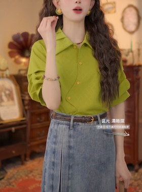春夏短袖上衣气质新款百搭小众衬衫港风复古宽松休闲上衣