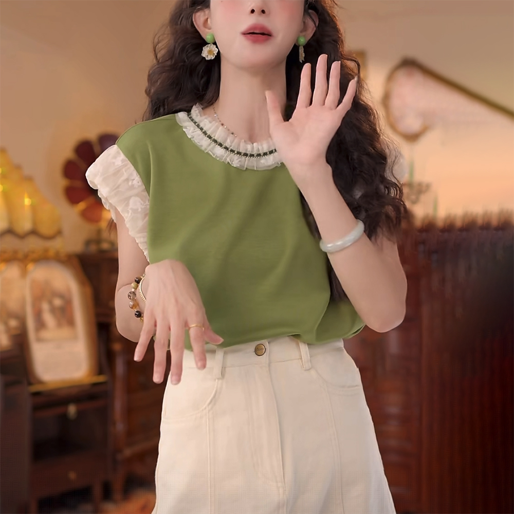 绿色短袖t恤女士夏季2025新款时尚显瘦减龄设计感木耳边体恤上衣