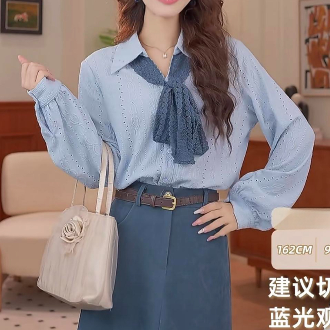 设计感长袖2026秋季宽松百搭衬衫女提花飘带衬衣女法上衣长袖衬衫