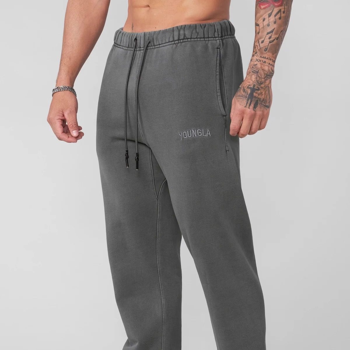 LA纯色重工水洗刺绣长裤