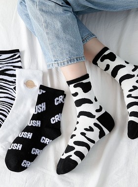 可969袜子女ins潮中筒袜春夏秋高筒网红长袜运动黑色白色长筒奶牛