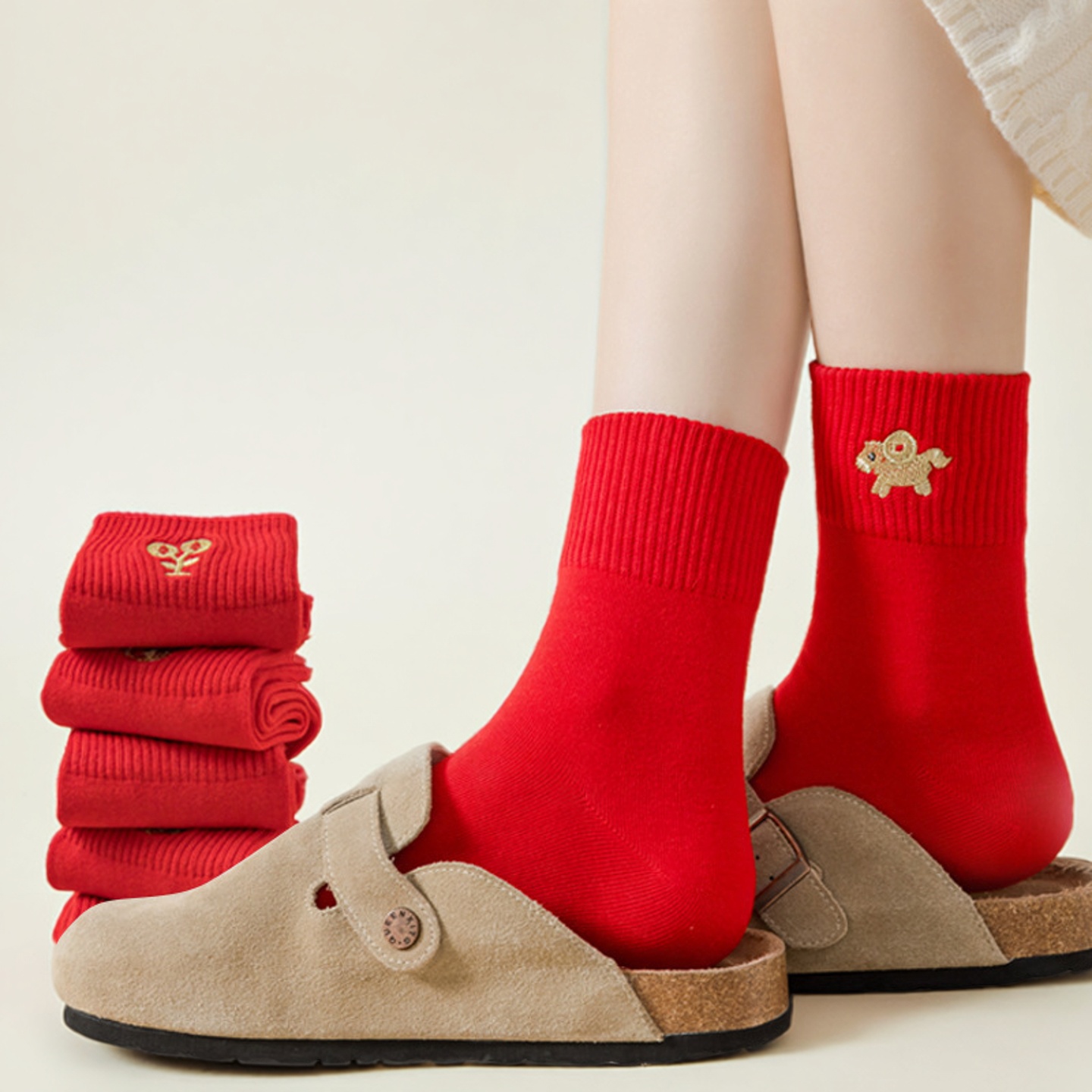 本命年红袜子女马年中筒刺绣无骨