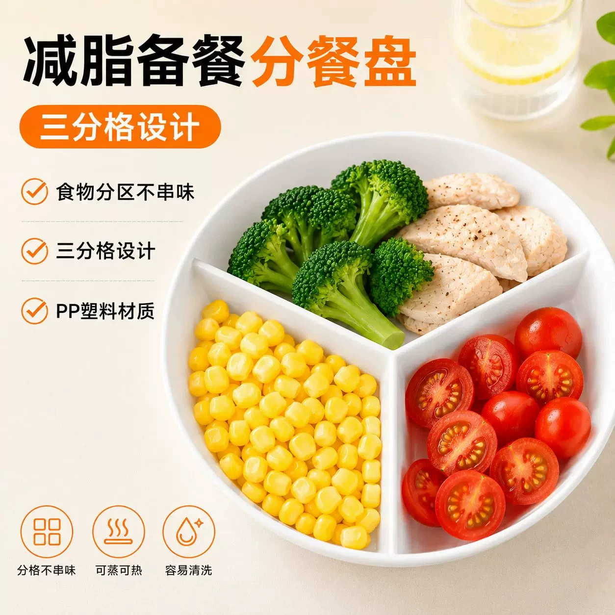 PP材质家用分格餐盘三分格蒸盘