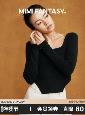 MIMI FANTASY方领露锁骨毛衣女2023秋冬新款修身短款长袖针织衫