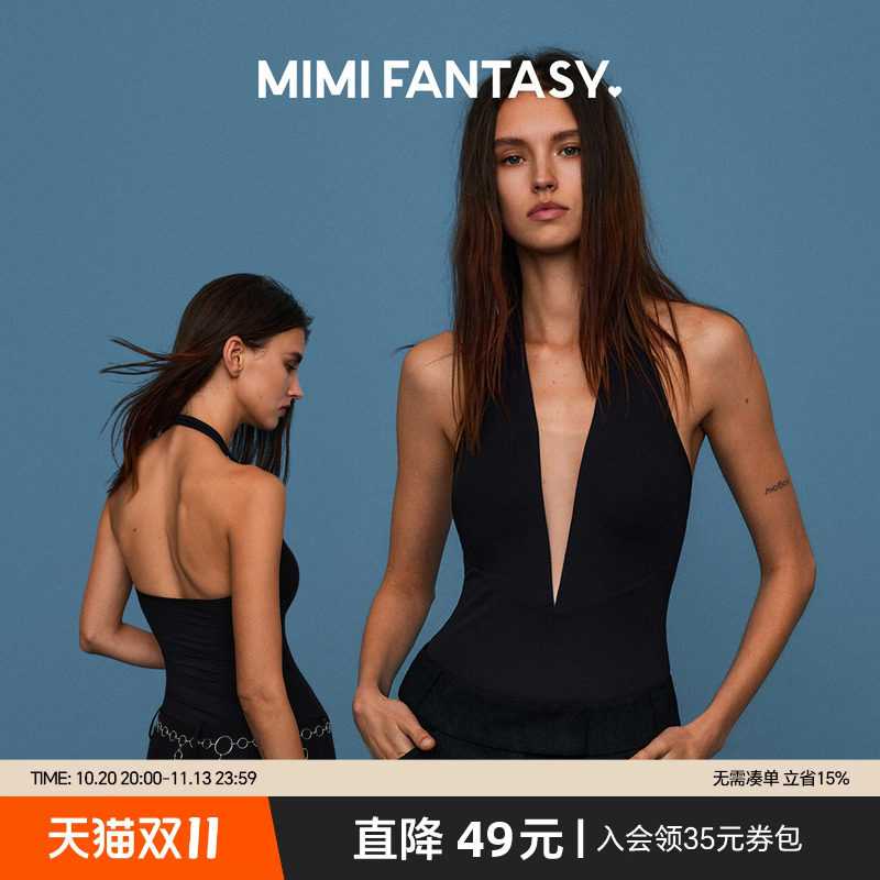 MIMI FANTASY性感挂脖深V镂空连体衣 收腰显瘦高弹带胸垫露背上衣