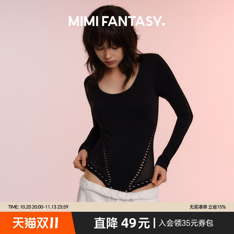 MIMI FANTASY性感镂空连体衣女 免穿文胸秋冬收腰显瘦长袖打底衫