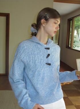 EGGKA蓝色连帽麻花温柔毛针织衫女秋冬宽松套头气质显瘦短款上衣