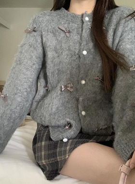 灰色蝴蝶结小香风毛衣外套女秋冬2024新款气质高级感针织开衫上衣