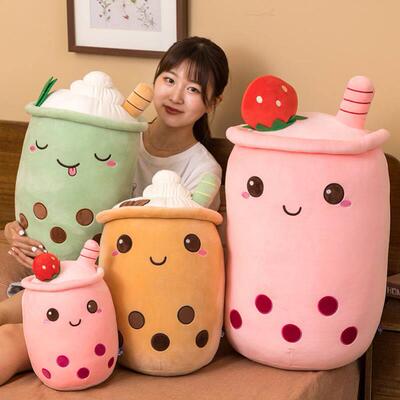 Cute Boba Milk Tea Plushie Toy Soft Stuffed Apple Pink Straw