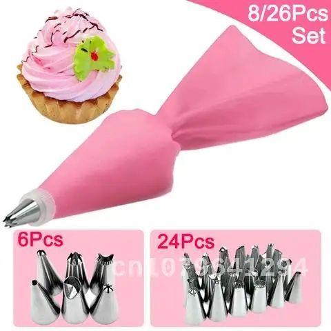 8/26 Pcs Silicone Cake Decorating Tools Pastry Piping Bag