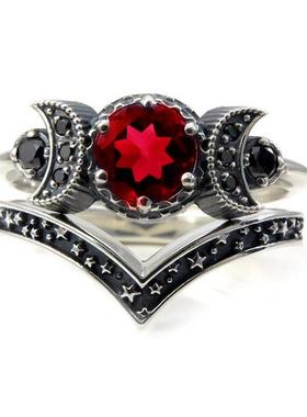 Hecate Triple Moon Ring Set Amethyst or Red Crystal Wedding
