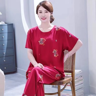 纯棉绸透气凉快老人套头睡衣女夏婆婆居家服 套装 老太太短袖 九分裤