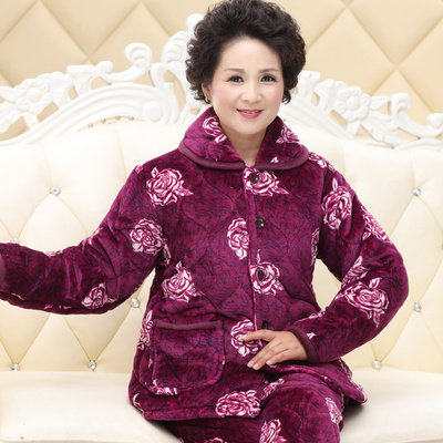冬季老太太法兰绒夹棉睡衣套装女