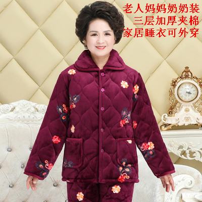 妈妈冬天加绒加厚法兰绒夹棉睡衣