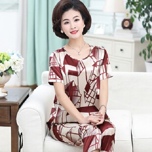 妈妈夏装短袖长裤仿真丝绸中老年套头睡衣女薄款婆婆时尚衣服外穿